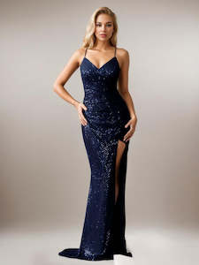 Nz Size 14: Denise navy sequin ball dress with strappy back Express NZ wide