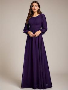 Color Navy: Rachel dark purple boat neck full sleeve evening or bridesmaid gown s14 Express NZ Wide