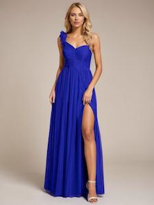 Nz Size 14: Janey soft tulle one shoulder sapphire blue ball dress with split