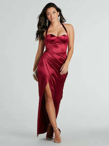 Morine burgundy red satin halter ball dress with split s6 Express NZ wide