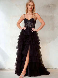 Color Black: Bessie ruffled tulle ball dress with split s8 Express NZ wide