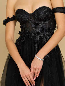 Color Black: Cybil Black corset ball dress with split Express NZ wide