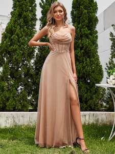 Destiny rose gold sparkle strappy back dress s14 Express NZ Wide