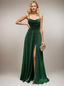 Destiny forest green sparkle corset open back dress with split Express NZ wide