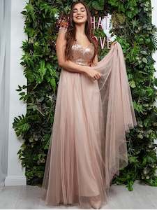 Dorine ball or evening dress in rose gold s12-14 Express NZ wide