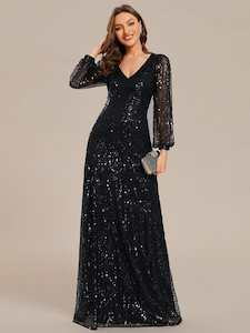 Kerrianna black long lantern sleeve sequin A-Line dress Express NZ Wide