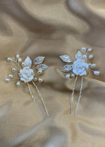 Accessories: White rose silver hair pins Express NZ Wide