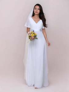 Kelsie v neck flutter sleeve chiffon wedding dress in white