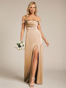 Cynthia light gold off shoulder satin bridesmaid dress Express NZ Wide