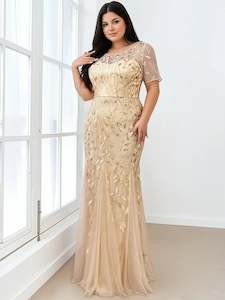 Krystal light gold tulle embroidered leaf pattern dress with sequins s12 Express NZ Wide