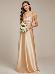 Bridesmaid Dress: Heidi light gold A line bridesmaid gown with pockets Express NZ Wide