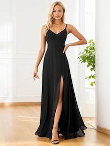 Kaia black formal dress in chiffon with a split Express NZ Wide