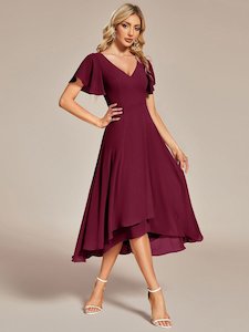 Bridesmaid Dresses: Grace burgundy chiffon V neck short dress Express NZ wide