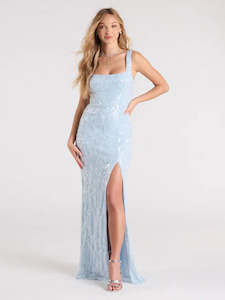Terry Light Blue square neck sequin dress with split Express NZ wide