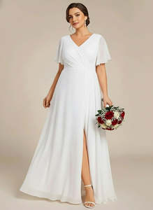 Wedding Gown: Blanch white chiffon wedding dress with split and sleeve