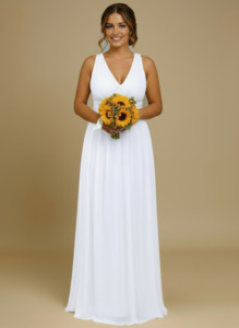 Wedding Gown: Veda V neck and back classic chiffon wedding dress in white