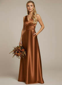 Bridesmaid Dresses: Heidi copper A line bridesmaid gown with pockets Express NZ Wide