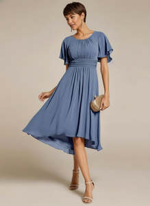 Nz Stocked Mother Of The Bride Gowns: Lyra fancy chiffon dress with high neck in dusky navy Express NZ Wide