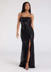 Ball Dresses: Corina black sequin ball dress with square neckline