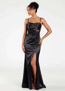 Hannah Corset Satin Ball Dress with slit in Black Express NZ wide
