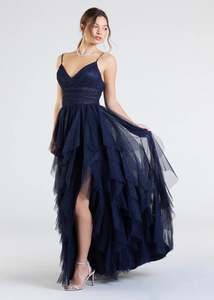 Ball Dresses: Beth Corset Ruffled Ball Dress in navy s8-10 Express NZ wide