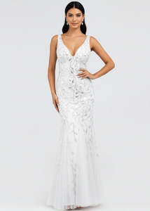 Paula wedding dress with sequin leaf pattern in white/silver Express NZ wide