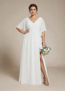 Sarita White Sleeved Chiffon Wedding Dress with Slit Express NZ Wide