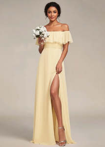 Angelina off shoulder bridesmaid dress in pastel yellow s10 Express NZ Wide