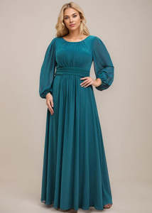 In Stock: Rachel full sleeve evening or bridesmaid gown in teal s22 Express NZ Wide