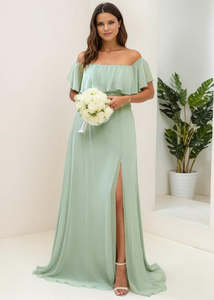 Bridesmaid Dresses: Angelina bridesmaid dress off shoulder in light sage s14 Express NZ Wide