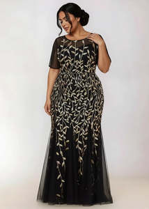 Krystal black/gold leaf pattern dress with sequins s20 Express NZ Wide