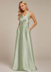 Ball Dresses: Heidi A line bridesmaid gown with pockets in light sage s12 Express NZ Wide