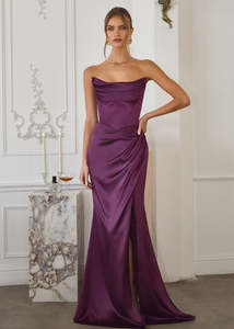 Melody Corset Satin ball gown with Slit in Eggplant s16 Express NZ Wide
