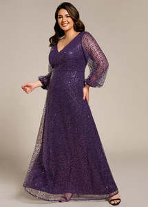Nz Stocked Ball Gowns: Kerrianna V-neck long sleeve sequin A-Line dress s26 in dark purple