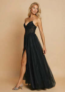 Nz Stocked Ball Gowns: Courtney Black Corset Ball Dress with Slit s14