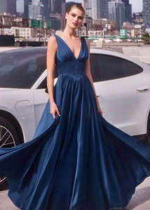 Kiera Navy Satin Ball Gown with Basque Waistline - Size 18