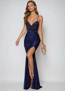 Nz Stock Plus Size: Beyonce Navy Satin & Sequin Ball Gown Size 14-16