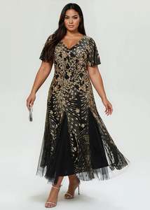 Plus Size Dresses: Gina Black & Gold Sequin Occasions Dress – Plus Size 30 Formal Gown