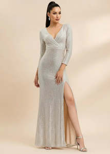 Clearance Items: Elvira Long Sleeve Silver Sequin Ball Gown Size 12