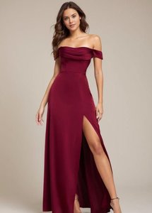 In Stock: Cynthia Off the Shoulder Satin Bridesmaid Dress with Split in Burgundy Size 18