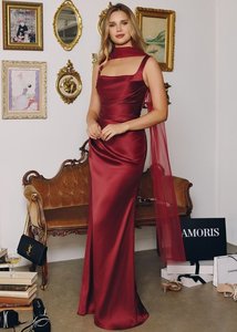 In Stock: Emma Satin Square Neck Bridesmaid Dress in Burgundy Size 4-6