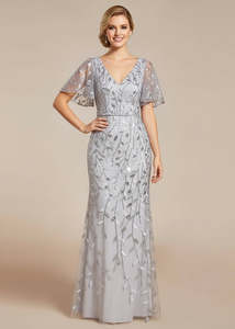 Eliza Mother of Bride or Bridesmaid Dress with Tulle Sleeve in Silver