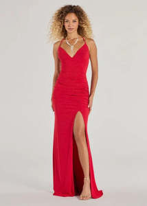 Nz Stocked Ball Gowns: Ellora Red Glitter Ball Dress with Open Back and Slit Size 12