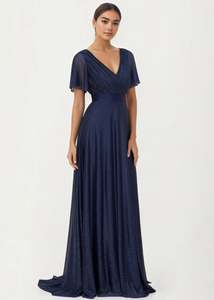 Nz Stocked Ball Gowns: Lois Navy Glitter V-Neck Ball Dress with Sleeve s22