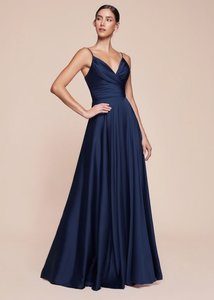 Charlotte Navy Satin A-Line Ball Gown with Slit Size 10