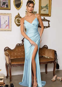 Nz Stocked Ball Gowns: Daphne Light Blue Satin Ball Gown with Slit Size 10-12