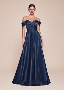 Nz Stocked Ball Gowns: Clarity Satin Navy Off-the-Shoulder Ball Dress Size 18
