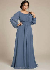 Nz Stocked Bridesmaid Gowns: Rachel boat neck full sleeve gown in dusky navy Size 18