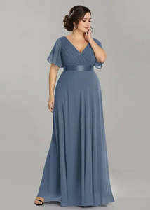 Nz Stock Plus Size: Billie Plus Size Chiffon Evening Dress in Dusky Navy Size 22