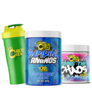 Aminos: CHAOS CREW BRING THE CHAOS PRE-WORKOUT + CHAOS CREW PUMPING AMINOS + CHAOS CREW PINK/GREEN SHAKER 600ML- DATED 9/24